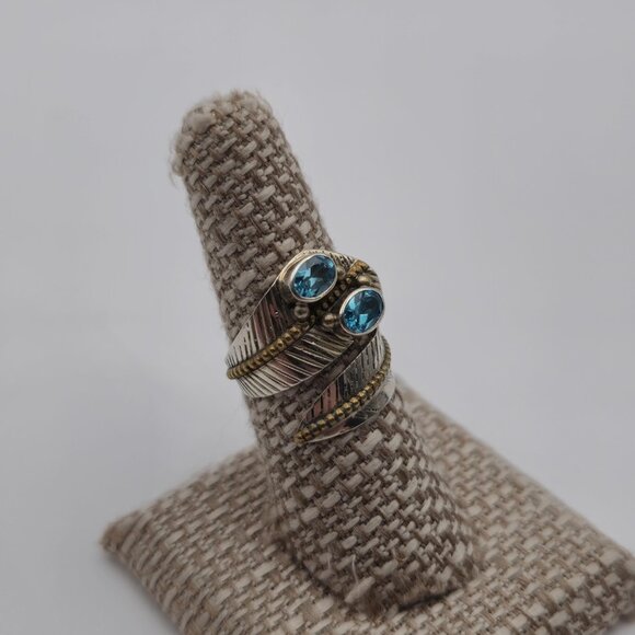 Size 8 Sterling Silver Aquamarine Gems Brass Accent Ring A3196 - Picture 3 of 10